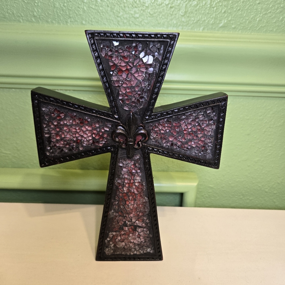 Cracked Red Glass Hsmging Wall Or Free Standing Cross 8"x6"